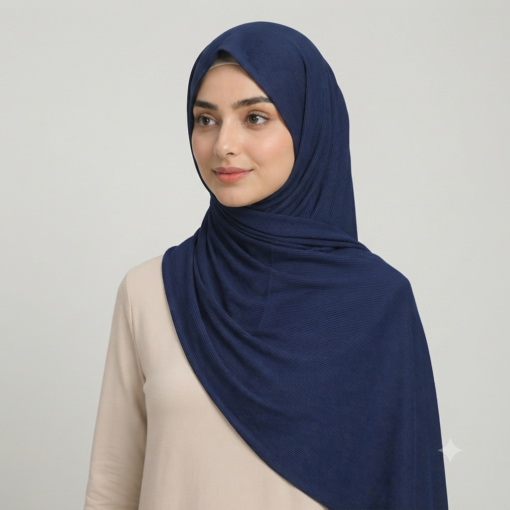 Manruya Premium Ribbed Jersey Shayla – Navy Blue | شيلة مانرويا جيرسي مضلع فاخرة – أزرق كحلي