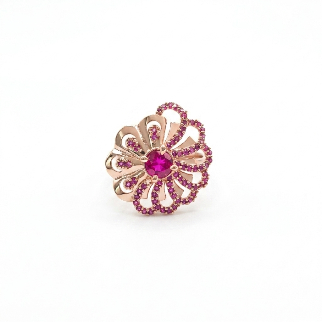 Rose Gold Floral Ruby Stone Statement Ring for Women | خاتم وردي فاخر بحجر روبي للنساء
