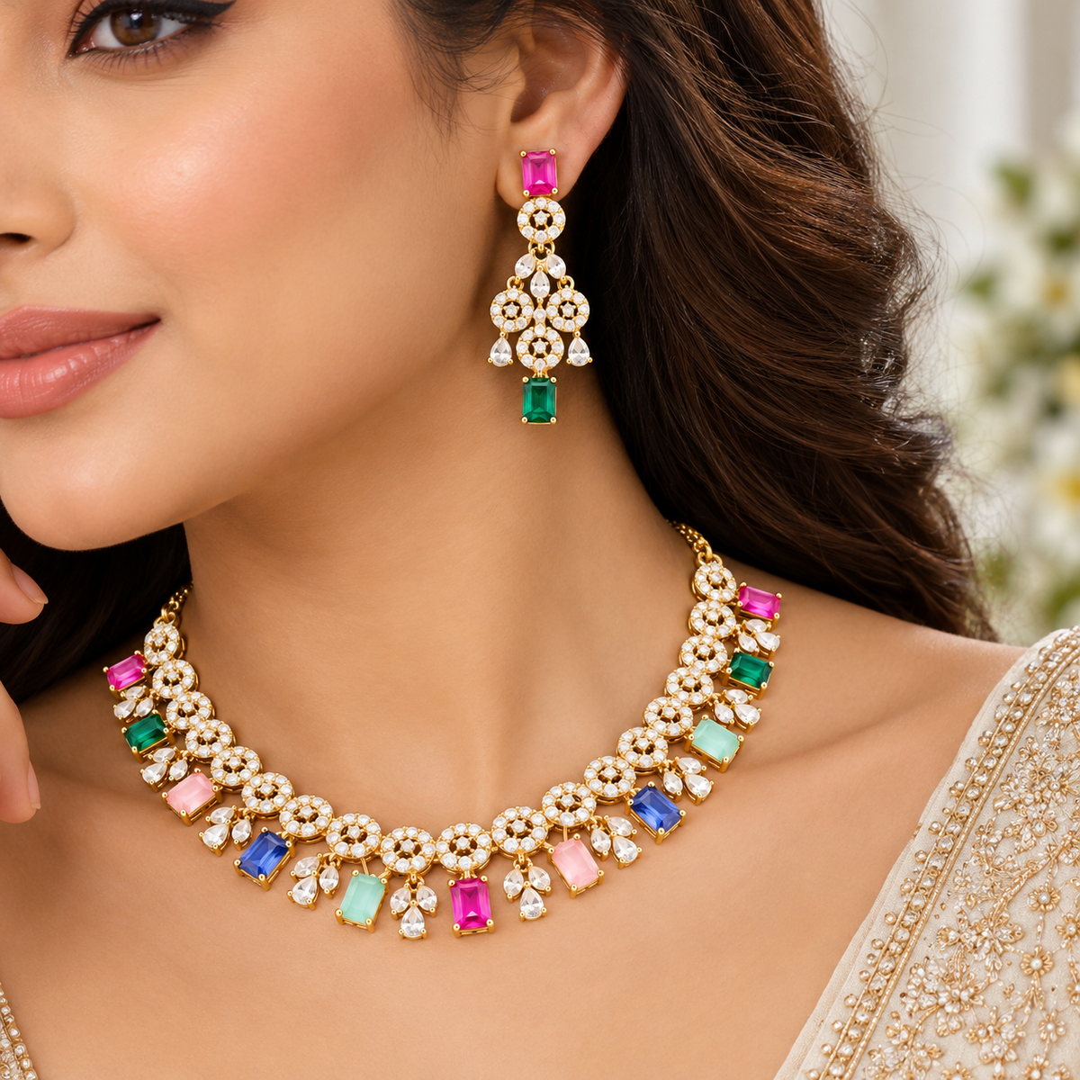 Multicolour Crystal Necklace & Earring Set | طقم عقد وأقراط كريستالي متعدد الألوان