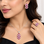 Ruby Red Pendant, Earrings & Ring Set | طقم قلادة وأقراط وخاتم باللون الأحمر الياقوتي
