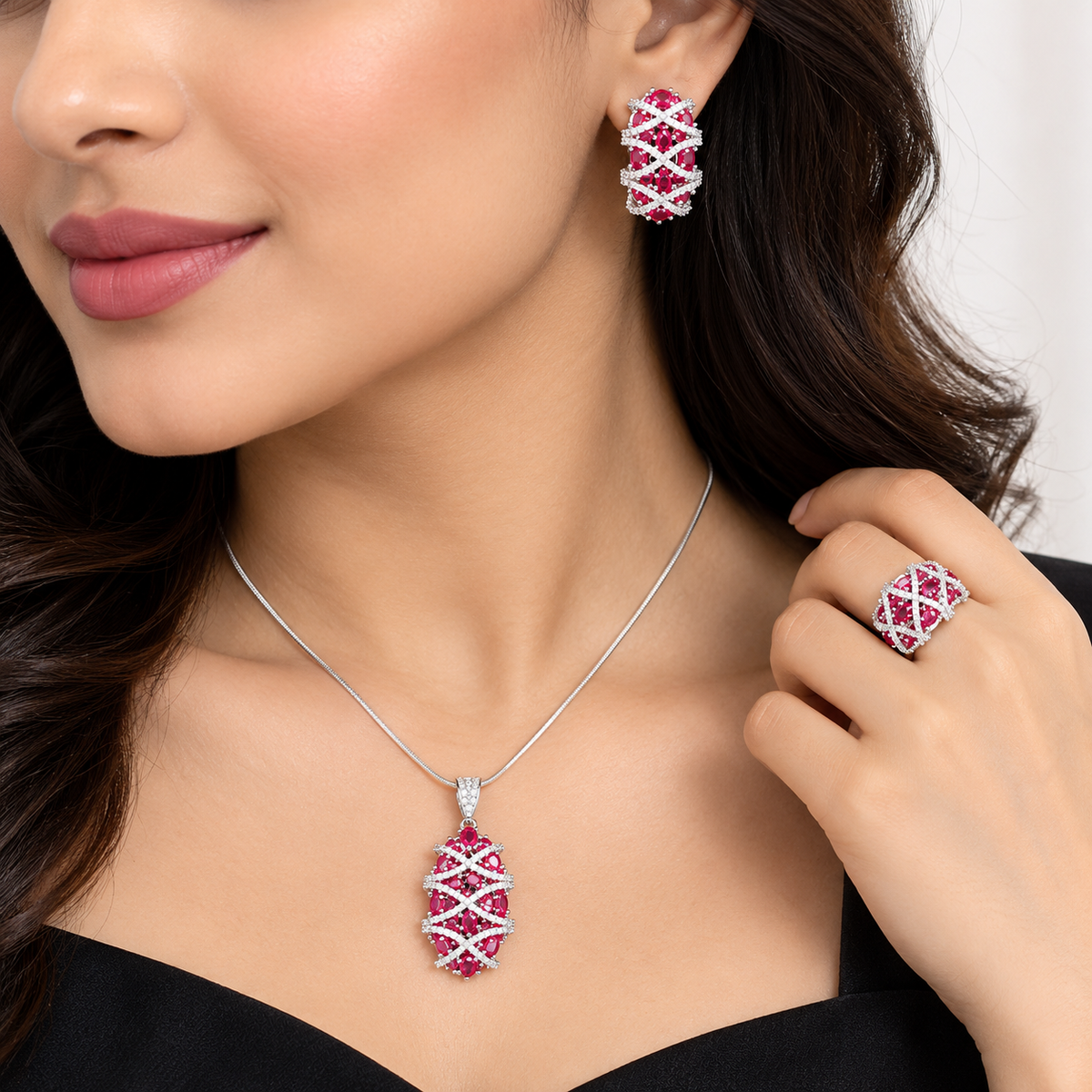 Ruby Red Pendant, Earrings & Ring Set | طقم قلادة وأقراط وخاتم باللون الأحمر الياقوتي