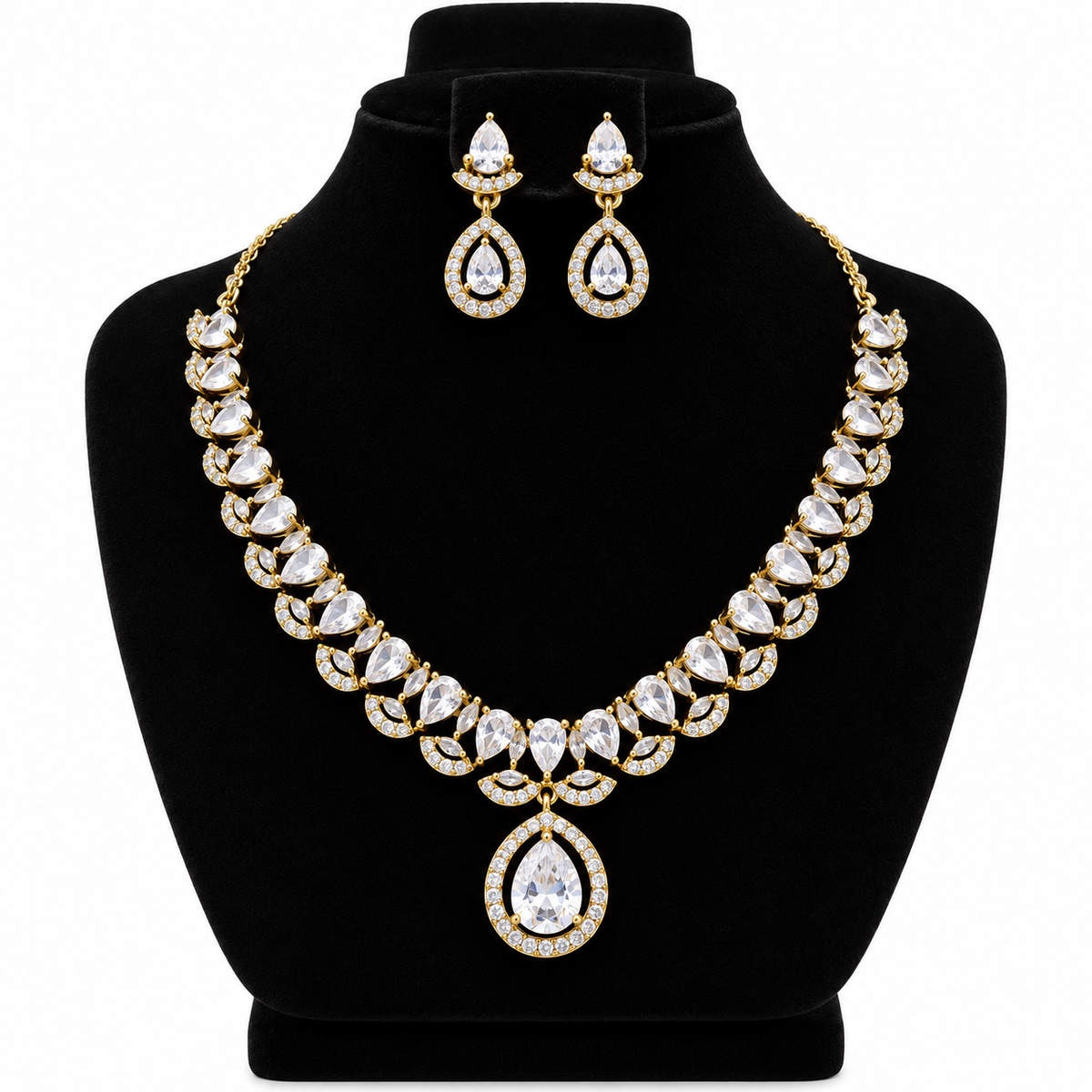 Gold-Tone Crystal Necklace & Earrings Set – Teardrop Design | طقم عقد وأقراط كريستالي بلون ذهبي وتصميم الدمعة