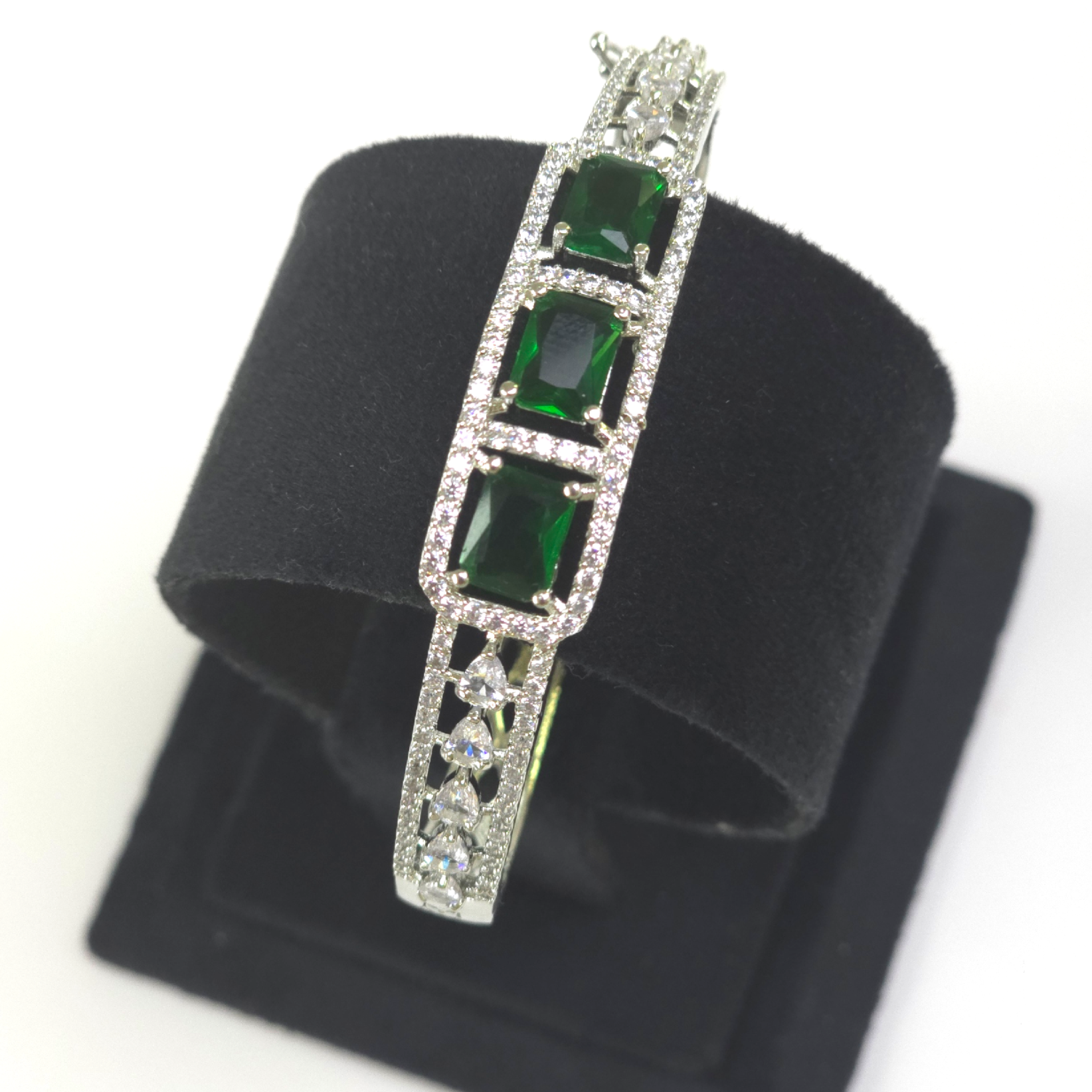 Exquisite Silver Green Cubic Zirconia Kada – Wedding & Party Collection