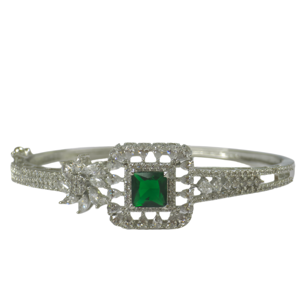 Elegant Silver Green Stone Cubic Zirconia Kada – Party & Festive Collection