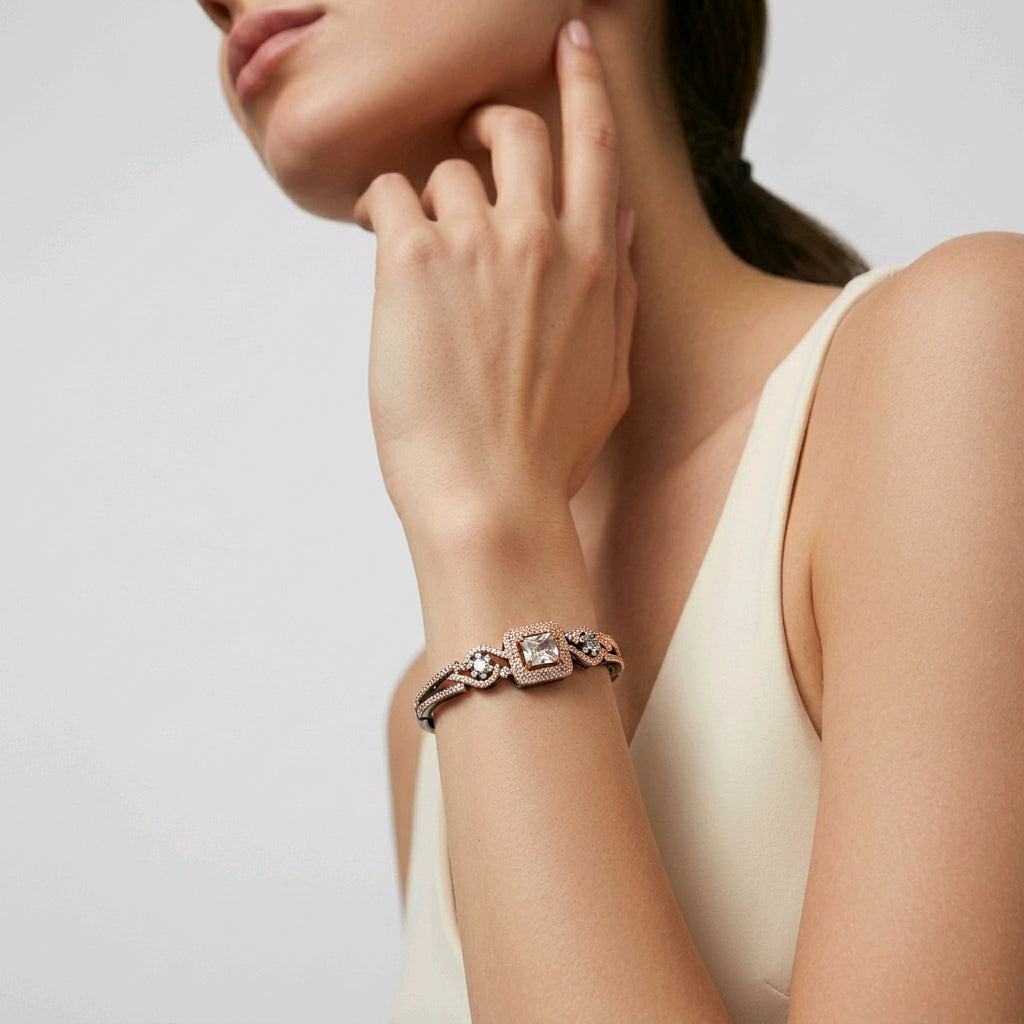 Vintage Rose Gold Oxidized Cubic Zirconia Bracelet | سوار الزركون الفاخر بلون الروز جولد المؤكسد