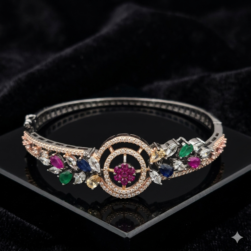 Modern Oxidized Multi-Gemstone Statement Bracelet | سوار فخم من الفضة المؤكسدة بالأحجار الملونة