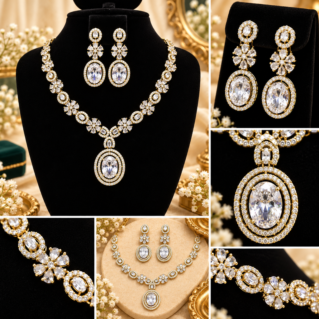 Victorian Floral Crystal Necklace & Earrings Set – Gold-Tone | طقم عقد وأقراط كريستالي بتصميم زهري فيكتوري – لون ذهبي