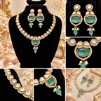 Gold-Tone Kundan Necklace & Earrings Set with Aqua Green Stones and Pearl Drops | طقم عقد وأقراط كوندان باللون الذهبي مع أحجار أخضر مائي وقلادات لؤلؤية