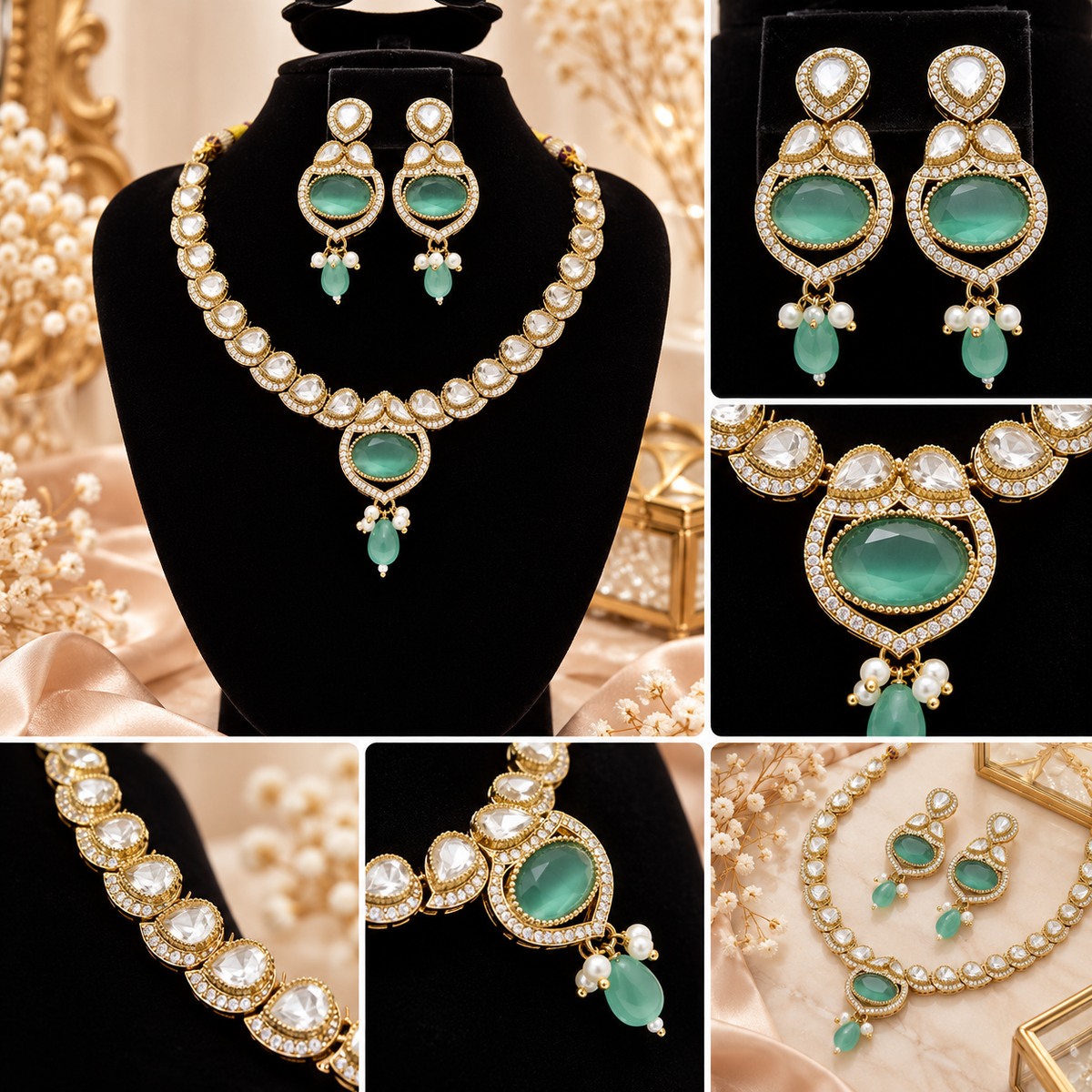 Gold-Tone Kundan Necklace & Earrings Set with Aqua Green Stones and Pearl Drops | طقم عقد وأقراط كوندان باللون الذهبي مع أحجار أخضر مائي وقلادات لؤلؤية