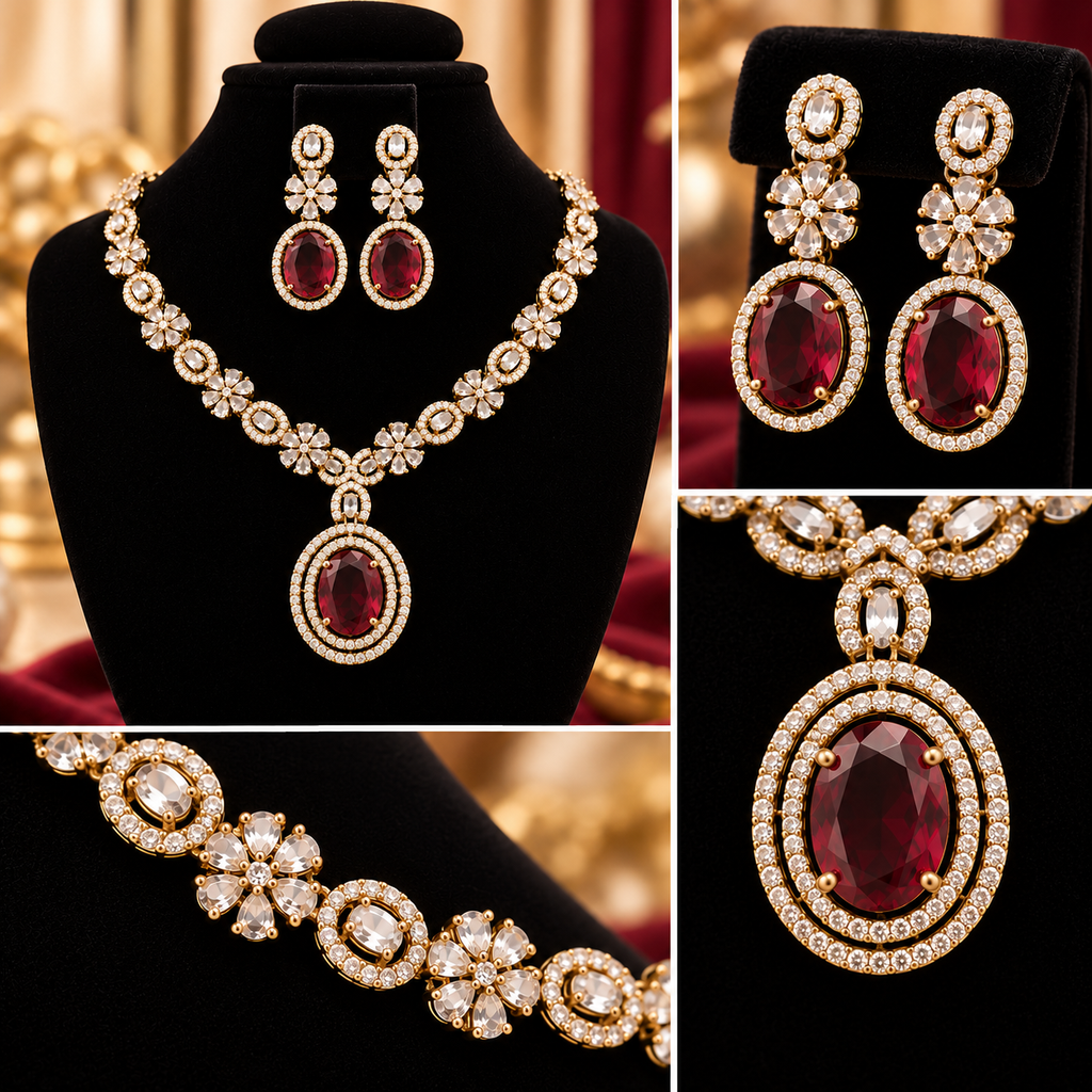 Ruby Red Crystal Necklace & Earrings Set – Gold-Tone Floral Design | طقم عقد وأقراط كريستالي أحمر ياقوتي بتصميم زهري ولون ذهبي