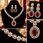 Ruby Red Crystal Necklace & Earrings Set – Gold-Tone Floral Design | طقم عقد وأقراط كريستالي أحمر ياقوتي بتصميم زهري ولون ذهبي