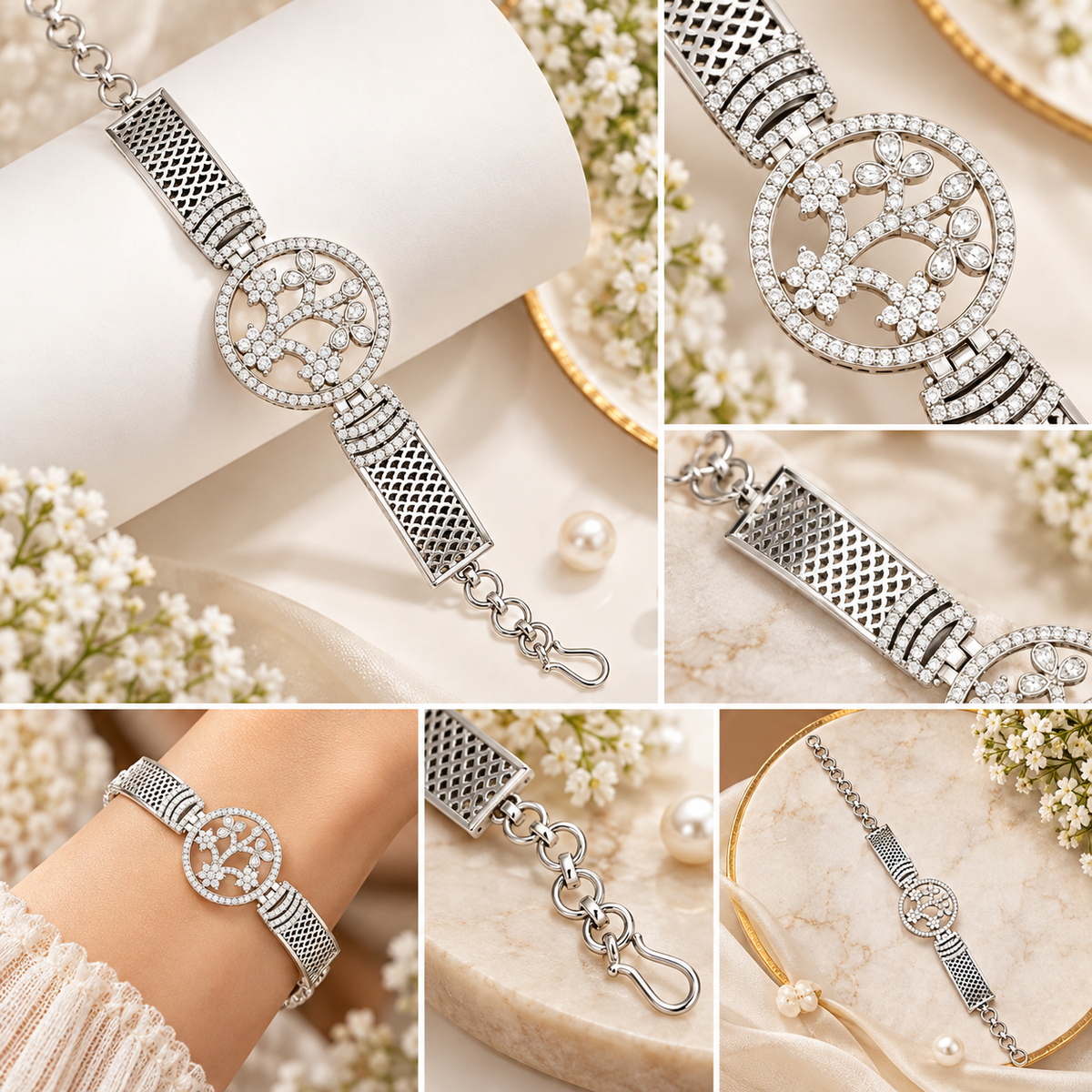 Floral Crystal Medallion Chain Bracelet for Women | سوار نسائي بسلسلة وزخرفة دائرية بنقوش زهرية وكريستالية