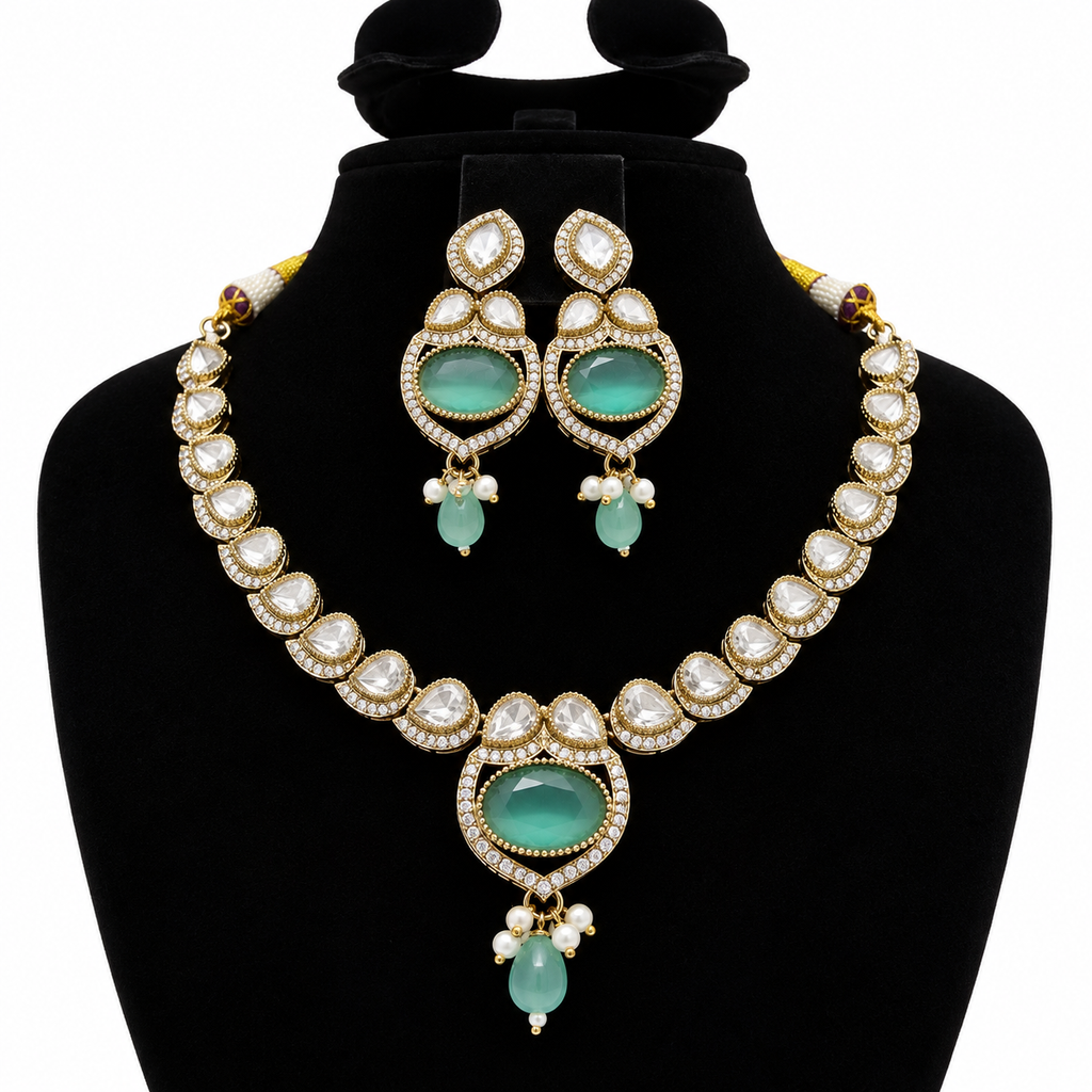 Gold-Tone Kundan Necklace & Earrings Set with Aqua Green Stones and Pearl Drops | طقم عقد وأقراط كوندان باللون الذهبي مع أحجار أخضر مائي وقلادات لؤلؤية