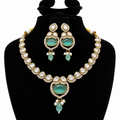 Gold-Tone Kundan Necklace & Earrings Set with Aqua Green Stones and Pearl Drops | طقم عقد وأقراط كوندان باللون الذهبي مع أحجار أخضر مائي وقلادات لؤلؤية