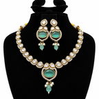 Gold-Tone Kundan Necklace & Earrings Set with Aqua Green Stones and Pearl Drops | طقم عقد وأقراط كوندان باللون الذهبي مع أحجار أخضر مائي وقلادات لؤلؤية