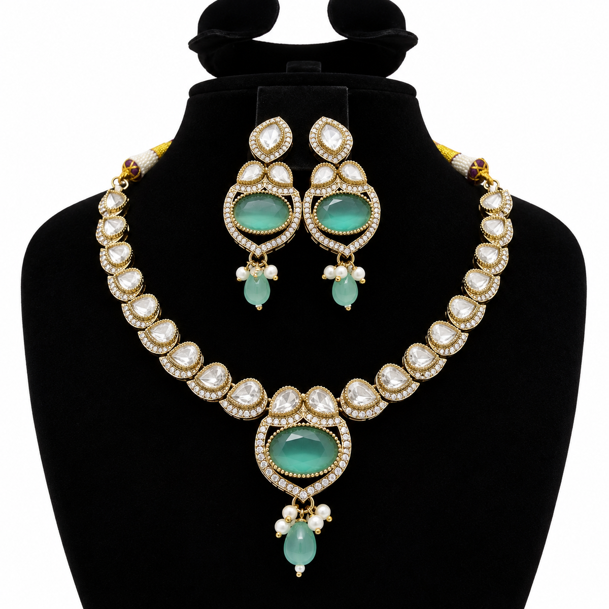 Gold-Tone Kundan Necklace & Earrings Set with Aqua Green Stones and Pearl Drops | طقم عقد وأقراط كوندان باللون الذهبي مع أحجار أخضر مائي وقلادات لؤلؤية