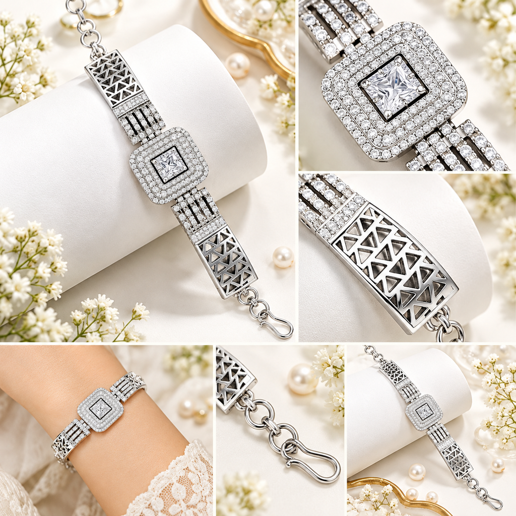 Elegant Cushion Halo Crystal Bracelet for Women | سوار نسائي أنيق بكريستال بتصميم الهالة المربعة