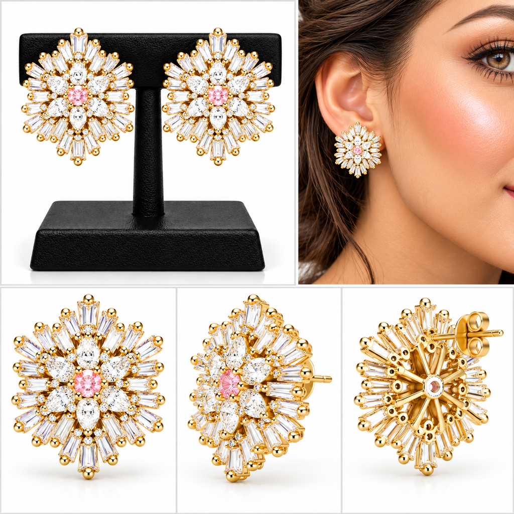 Starburst Crystal Stud Earrings with Pink Centre Stone | أقراط كريستالية بتصميم النجمة وحجر وردي مركزي