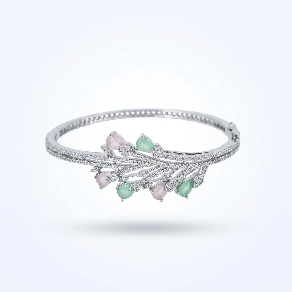 Pastel Bloom Duo-Tone Silver Bracelet | سوار براعم الباستيل الفضي بالأحجار الوردية والنعناعية