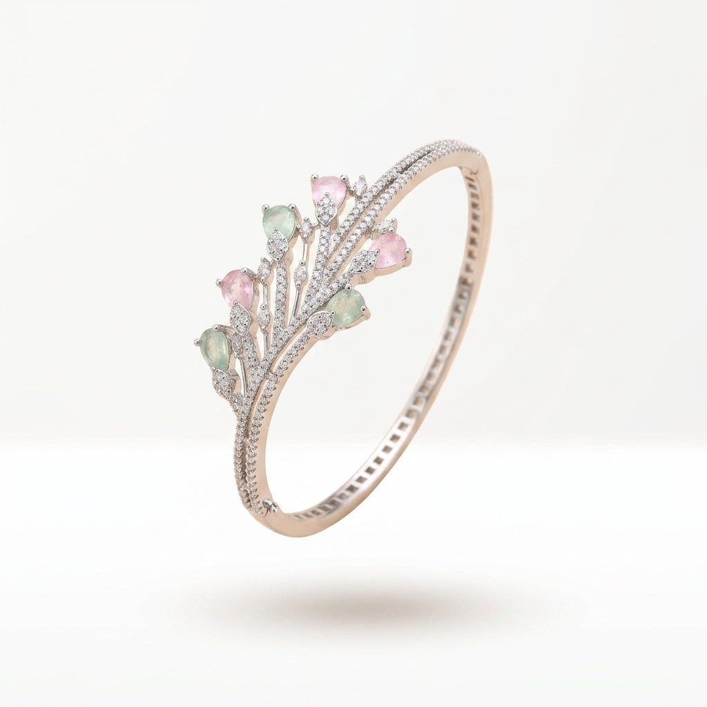 Pastel Bloom Duo-Tone Silver Bracelet | سوار براعم الباستيل الفضي بالأحجار الوردية والنعناعية