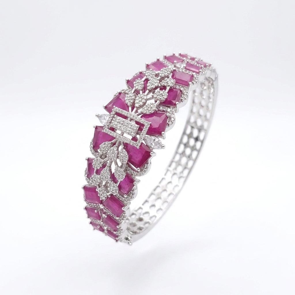 Modern Architectural Pink Starburst Silver Bracelet | سوار النجوم الفضي العصري بالأحجار الوردية
