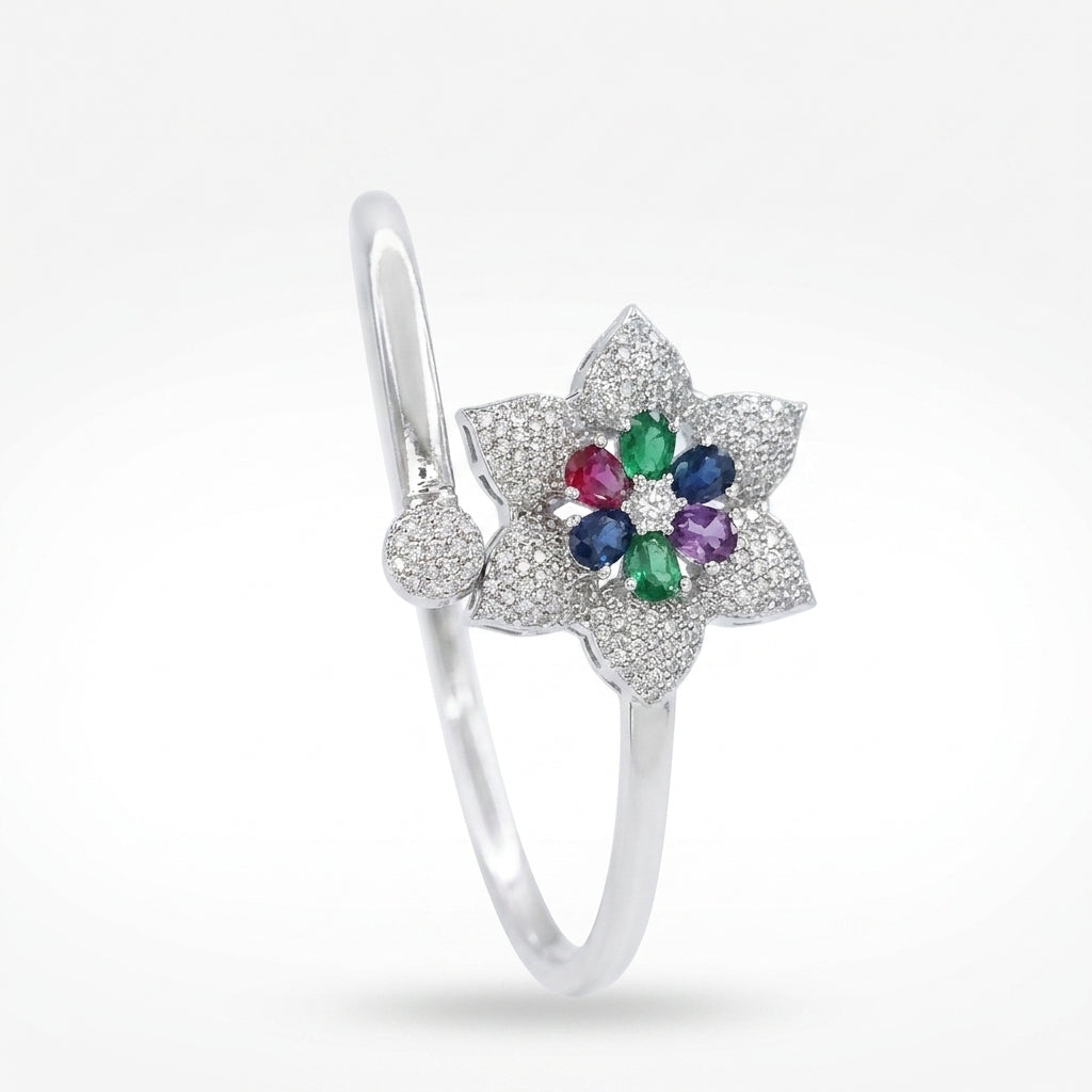Celestial Flora Tri-Tone Silver Bracelet | سوار الزهور الثلاثي بألوان الزمرد والياقوت الأزرق والأحمر
