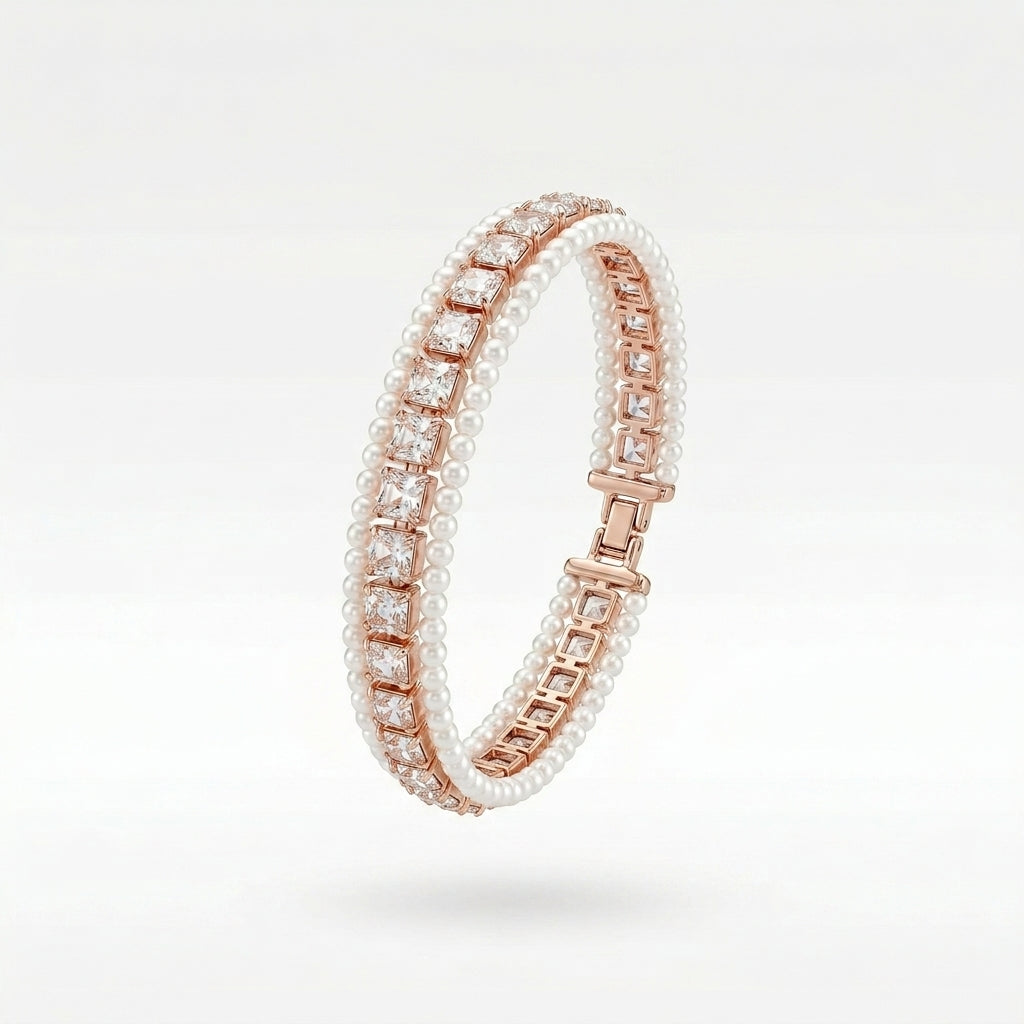 The Eternal Grace Triple-Row Pearl & Rhombus Bracelet | سوار "إيتيرنال غريس" بثلاثة صفوف من اللؤلؤ والمعين