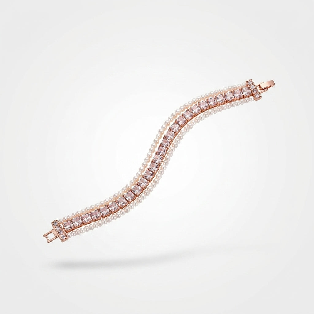 The Eternal Grace Triple-Row Pearl & Rhombus Bracelet | سوار "إيتيرنال غريس" بثلاثة صفوف من اللؤلؤ والمعين