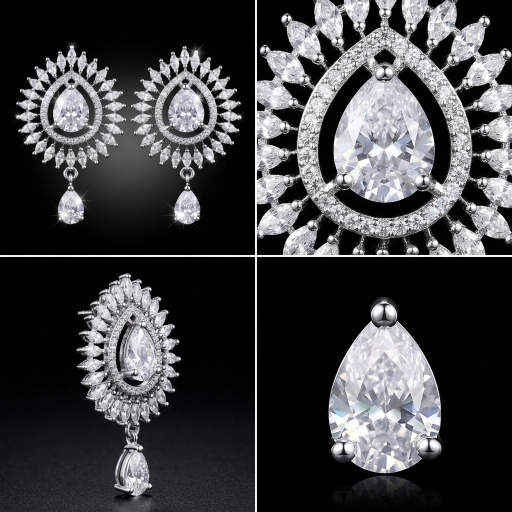 Luxury Diamond White CZ Sunburst Halo Drop Earrings – Elegant TearDrop Danglers | أقراط زركون ألماسية