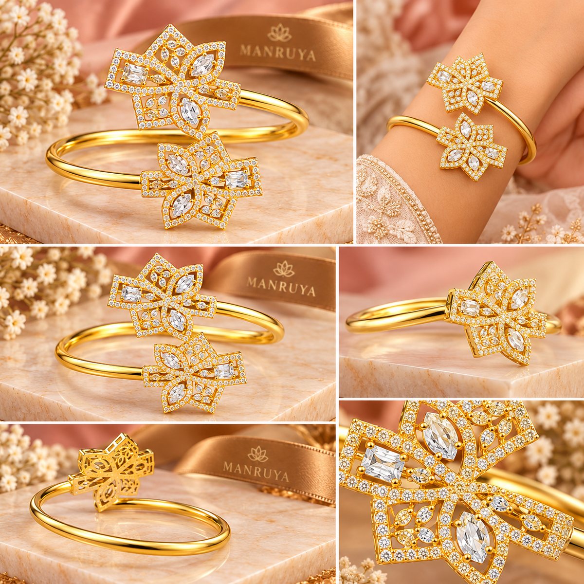 Elegant Crystal Floral Open Cuff Bracelet for Women | سوار نسائي مفتوح بتصميم زهري مرصع بالكريستال