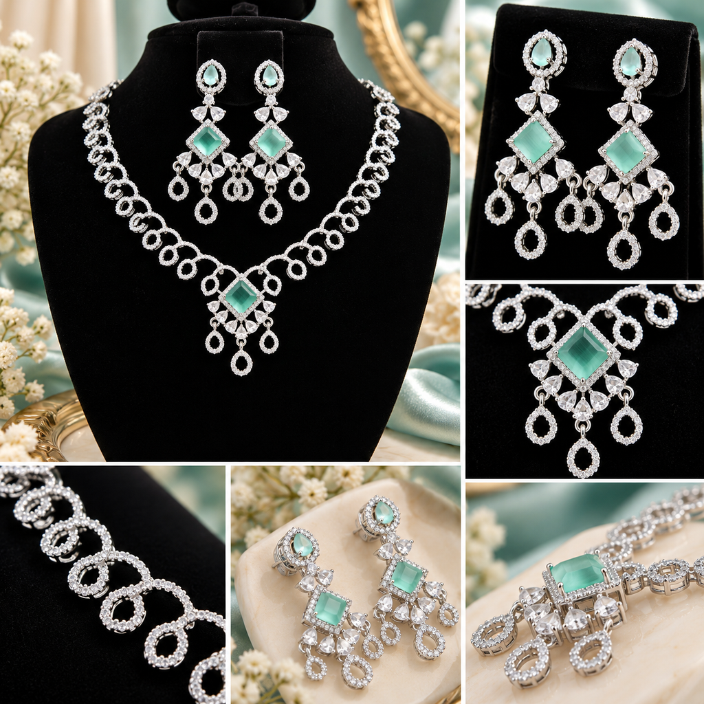 Mint Crystal Chandelier Necklace & Earrings Set | طقم عقد وأقراط كريستالي بتصميم الشاندليير