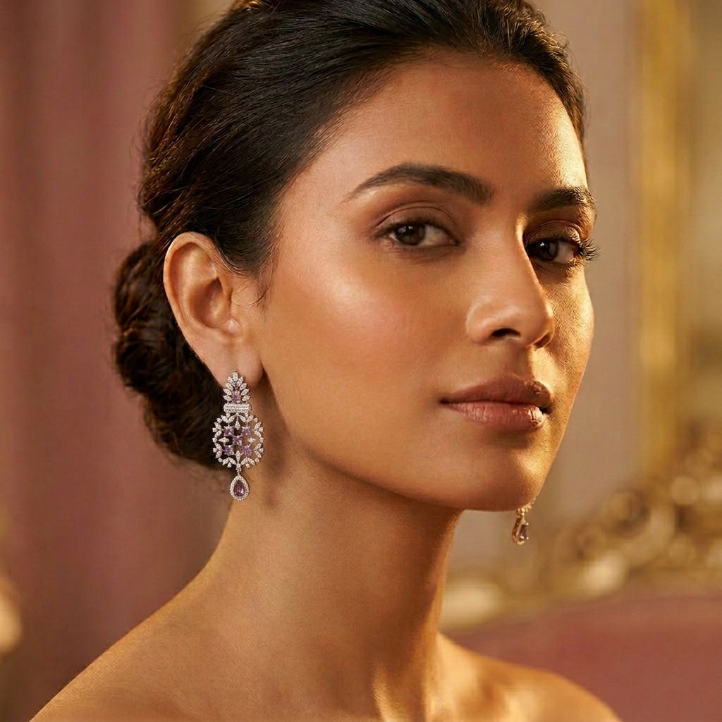 Royal Purple Amethyst Chandelier Drop Earrings – Luxury CZ Silver Danglers | أقراط بنفسجية فاخرة