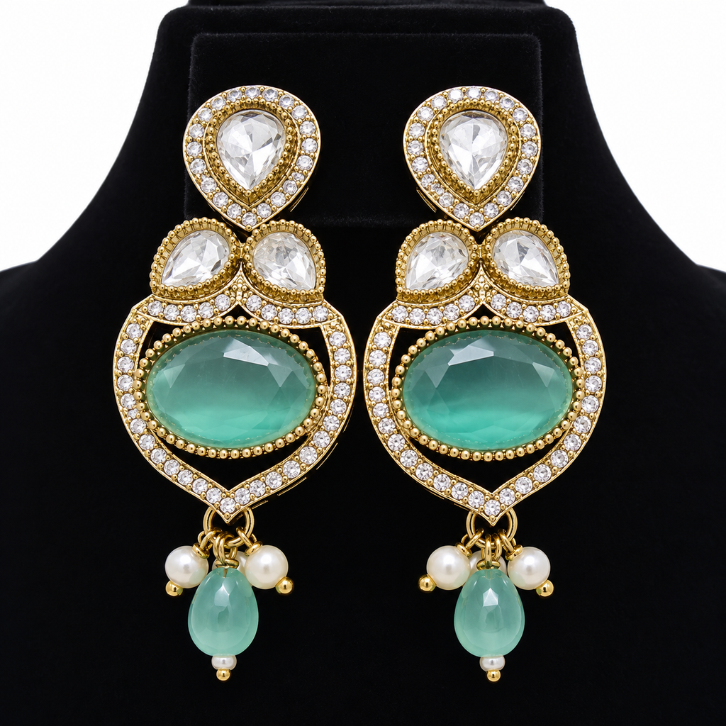 Gold-Tone Kundan Necklace & Earrings Set with Aqua Green Stones and Pearl Drops | طقم عقد وأقراط كوندان باللون الذهبي مع أحجار أخضر مائي وقلادات لؤلؤية