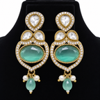 Gold-Tone Kundan Necklace & Earrings Set with Aqua Green Stones and Pearl Drops | طقم عقد وأقراط كوندان باللون الذهبي مع أحجار أخضر مائي وقلادات لؤلؤية