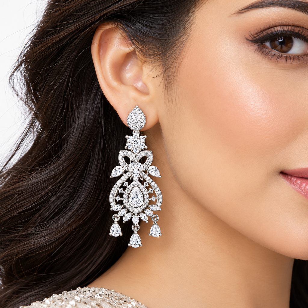 Silver-Tone Crystal Chandelier Drop Earrings | أقراط ثريا متدلية بالكريستال بلون فضي