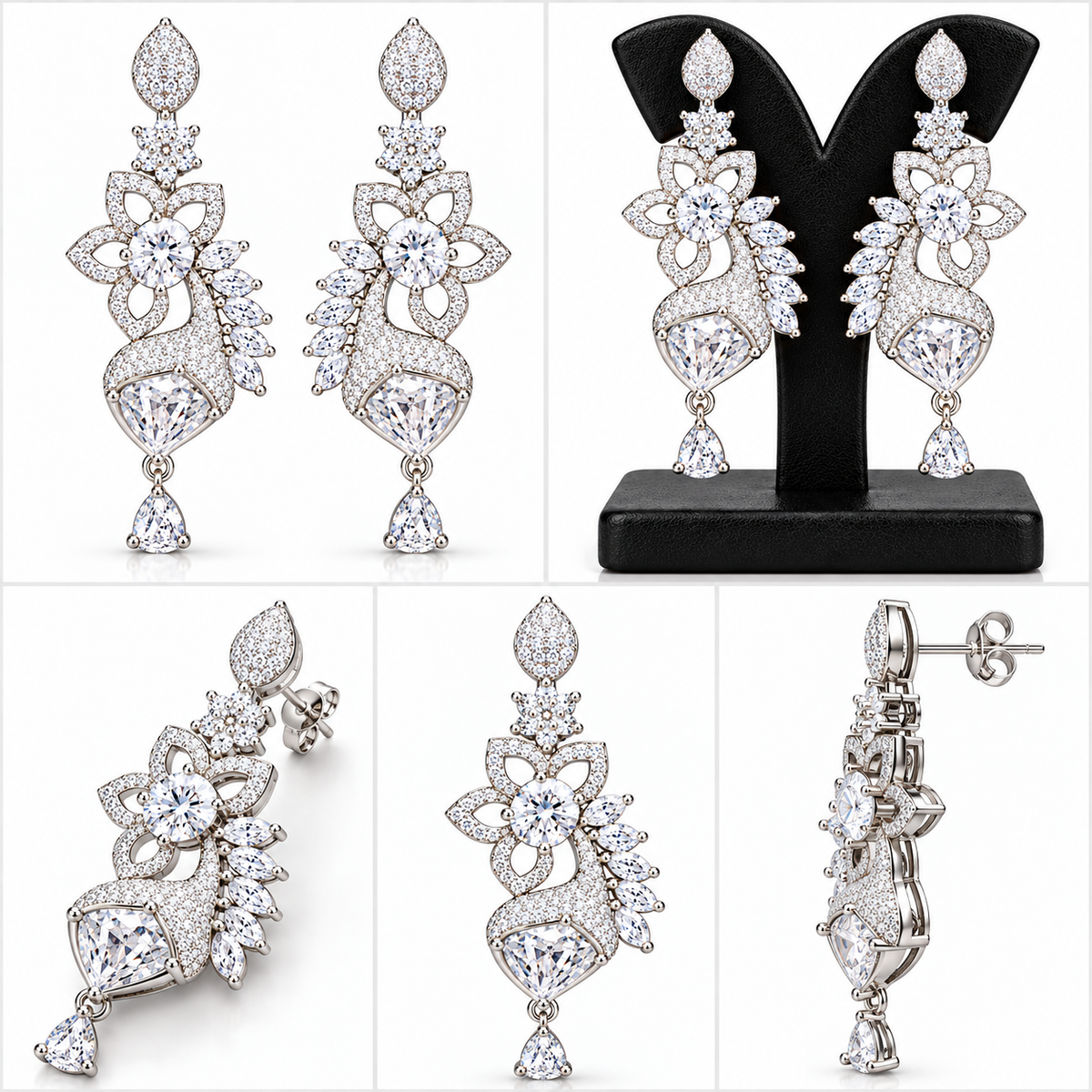 Silver-Tone Floral Crystal Drop Earrings | أقراط متدلية بتصميم زهري وكريستالي بلون فضي
