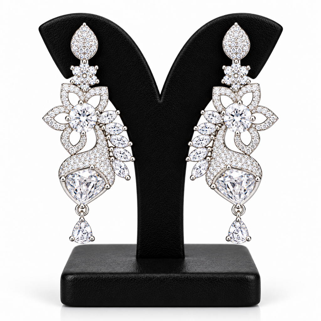 Silver-Tone Floral Crystal Drop Earrings | أقراط متدلية بتصميم زهري وكريستالي بلون فضي