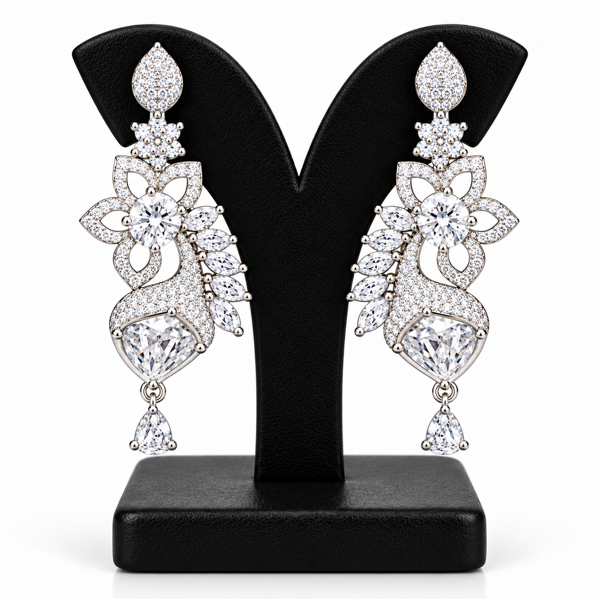 Silver-Tone Floral Crystal Drop Earrings | أقراط متدلية بتصميم زهري وكريستالي بلون فضي