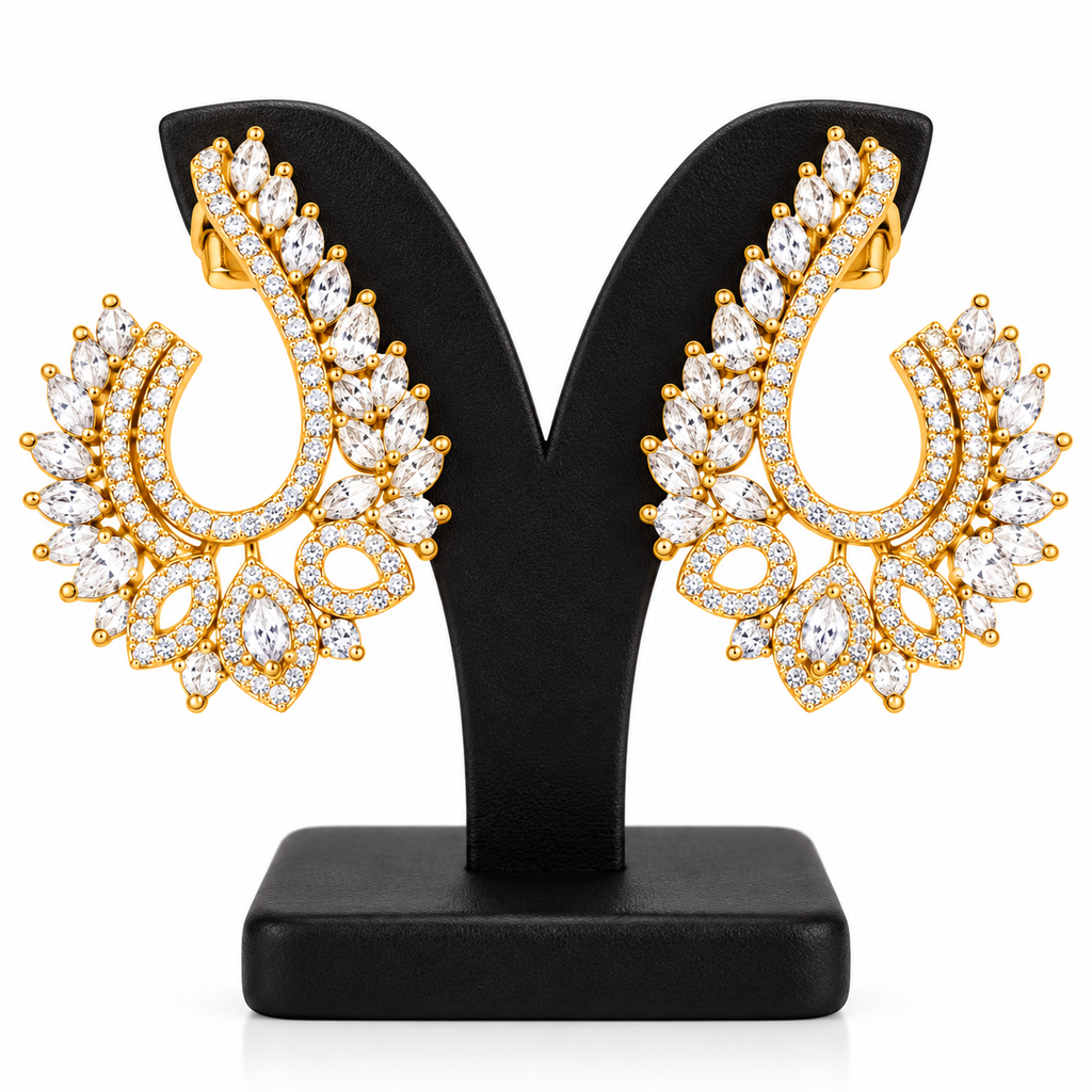 Gold-Tone Leaf Design Crystal Statement Earrings | أقراط بارزة بتصميم أوراق وأحجار كريستالية بلون ذهبي