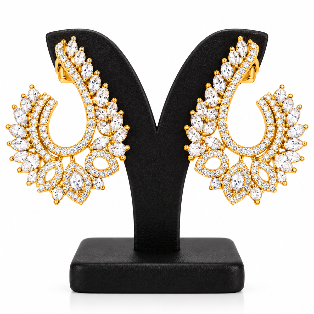 Gold-Tone Leaf Design Crystal Statement Earrings | أقراط بارزة بتصميم أوراق وأحجار كريستالية بلون ذهبي