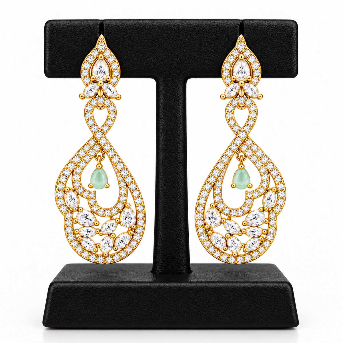 Gold-Tone Teardrop Dangle Earrings with Mint Green Stones | أقراط متدلية بلون ذهبي وأحجار باللون الأخضر النعناعي