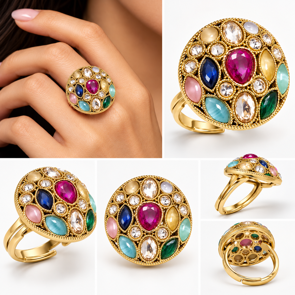 Multicolour Gemstone Statement Ring – Gold-Tone | خاتم فاخر بأحجار كريمة متعددة الألوان باللون الذهبي