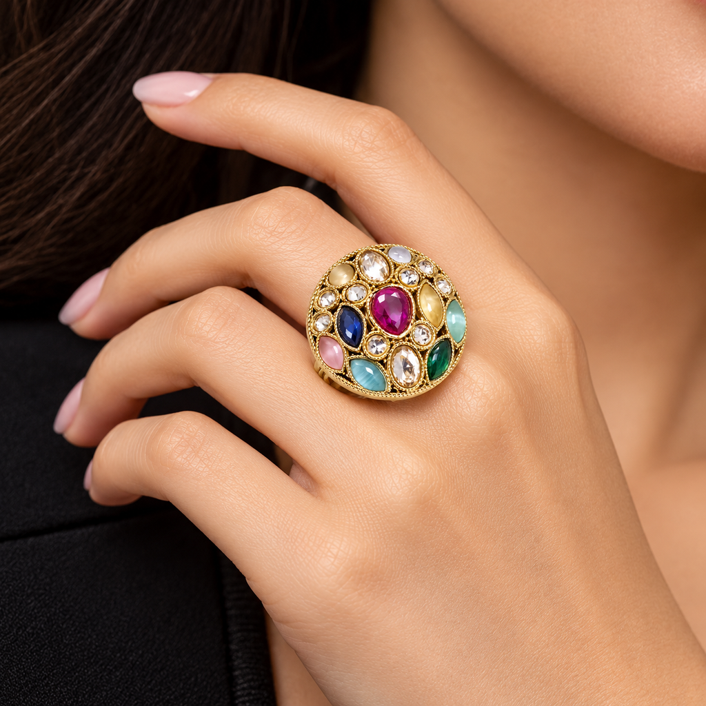 Multicolour Gemstone Statement Ring – Gold-Tone | خاتم فاخر بأحجار كريمة متعددة الألوان باللون الذهبي