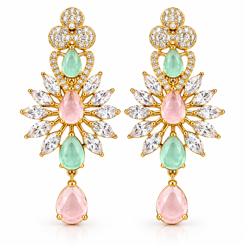 Pastel Gemstone Gold-Tone Chandelier Earrings | أقراط متدلية بتصميم ثريا وأحجار باستيل بلون ذهبي