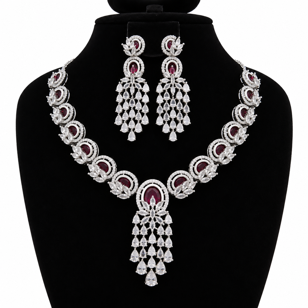 Elegant Ruby Crystal Chandelier Necklace & Earrings Set | طقم عقد وأقراط متدلية بأحجار كريستالية أنيقة
