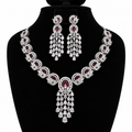 Elegant Ruby Crystal Chandelier Necklace & Earrings Set | طقم عقد وأقراط متدلية بأحجار كريستالية أنيقة