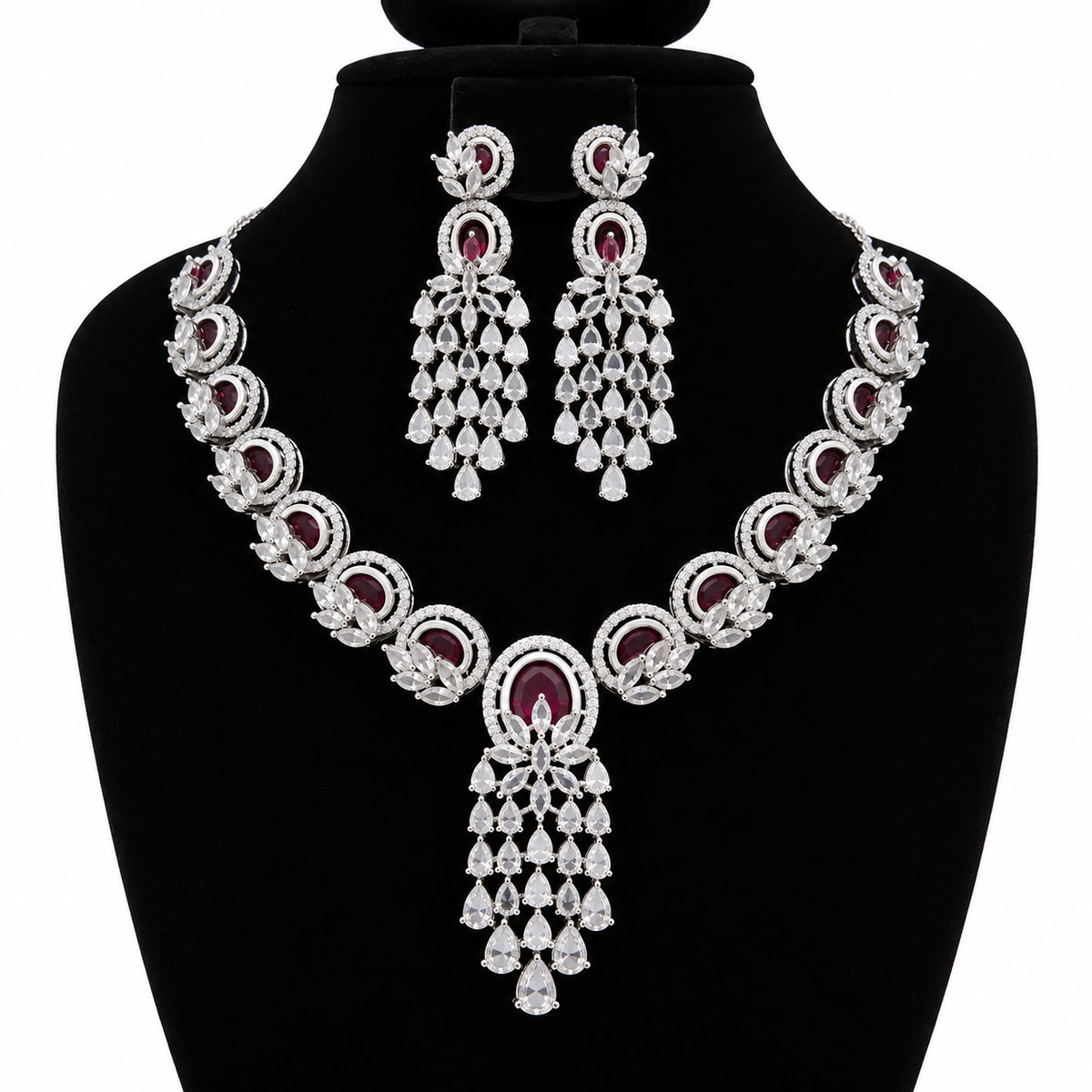 Elegant Ruby Crystal Chandelier Necklace & Earrings Set | طقم عقد وأقراط متدلية بأحجار كريستالية أنيقة