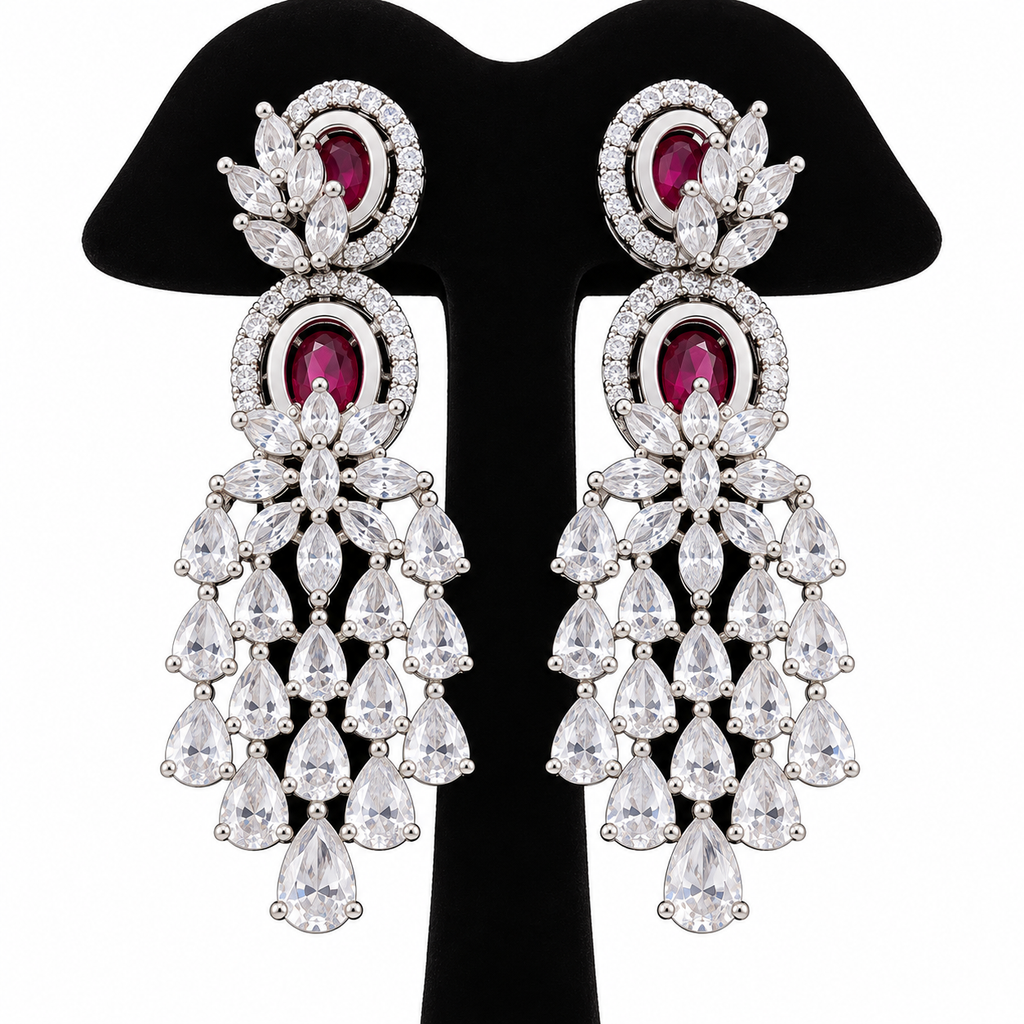 Elegant Ruby Crystal Chandelier Necklace & Earrings Set | طقم عقد وأقراط متدلية بأحجار كريستالية أنيقة
