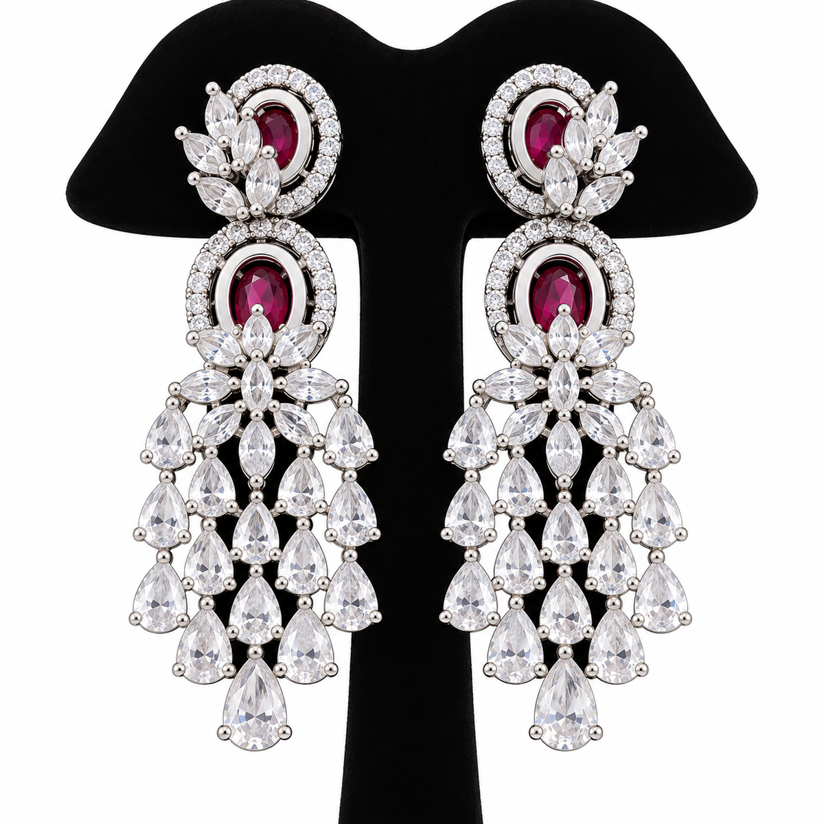 Elegant Ruby Crystal Chandelier Necklace & Earrings Set | طقم عقد وأقراط متدلية بأحجار كريستالية أنيقة