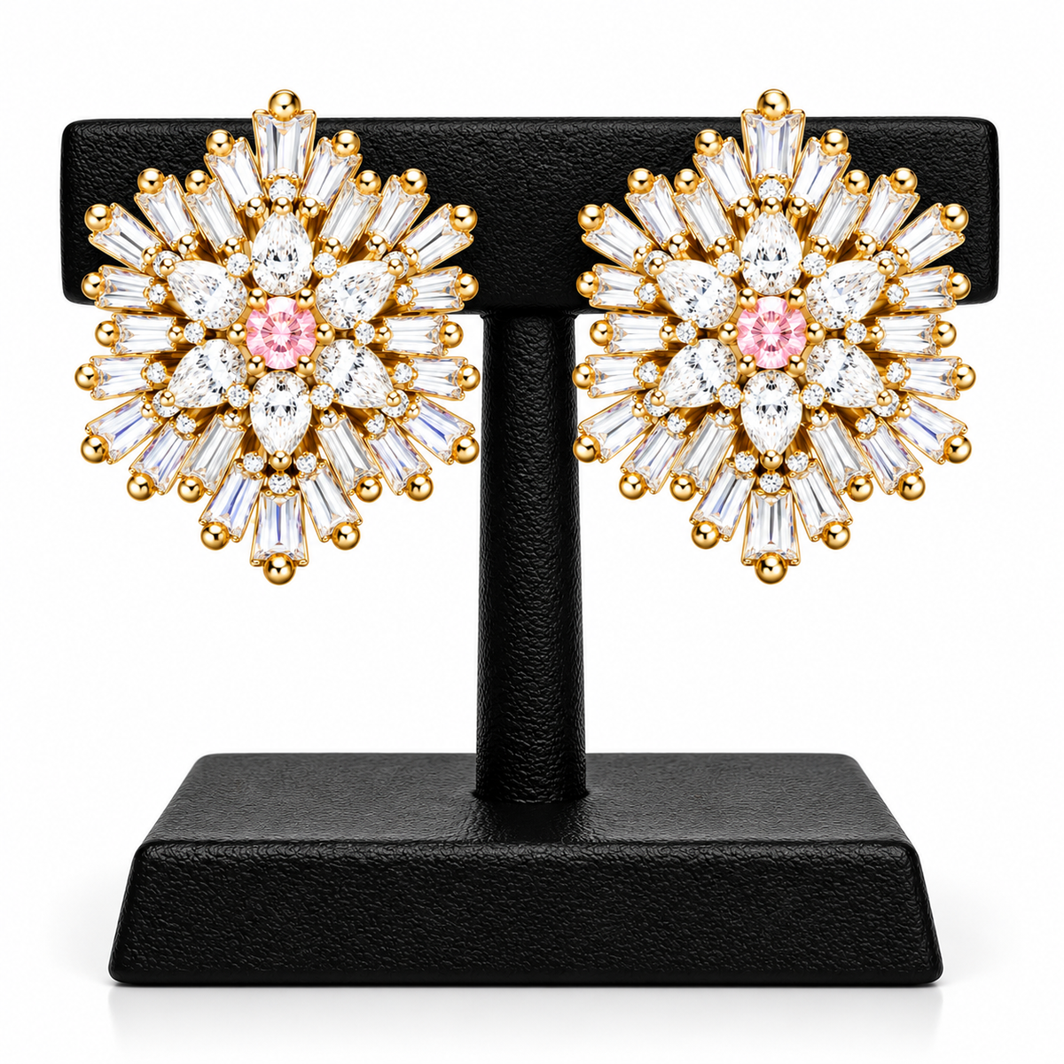 Starburst Crystal Stud Earrings with Pink Centre Stone | أقراط كريستالية بتصميم النجمة وحجر وردي مركزي